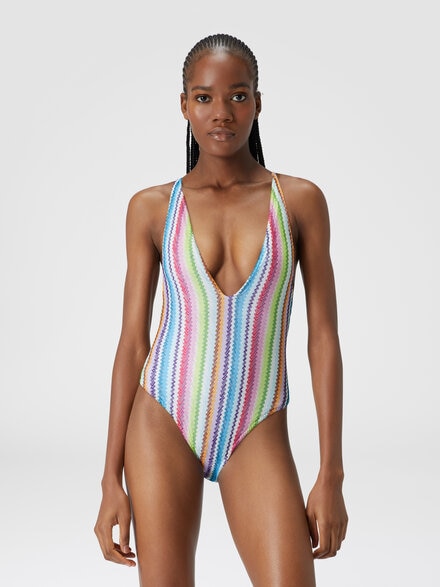 Bañador de una pieza con estampado en zigzag y escote en V, Multicolor  - MC24WP01BR00Z4SM9HA