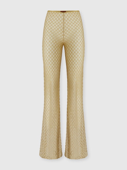 Flared trousers in lamé viscose with raschel workmanship, Gold - MC25SI00BR014RS10BY