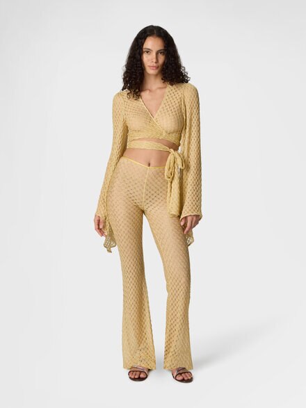 Flared trousers in lamé viscose with raschel workmanship, Gold - MC25SI00BR014RS10BY