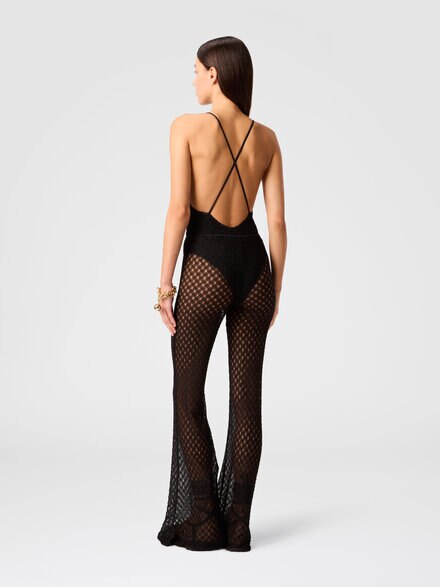 Pantalones acampanados en viscosa lamé con trabajo raschel, Negro - MC25SI00BR014RS91RE