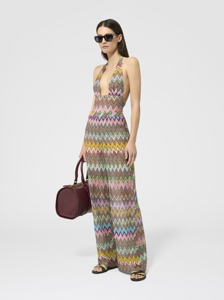 Pantalones rectos en viscosa lam&eacute; con maxi motivo de zigzag, Negro & Multicolor - MC25SI01BR014KSM9YK