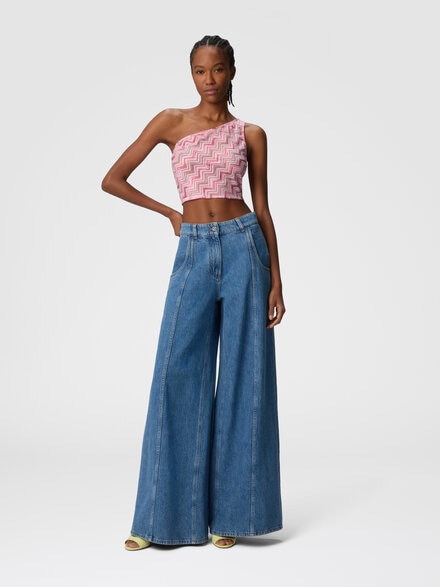 One-shoulder viscose-blend tulle top with slub zigzag, White &  Pink  - MC25SK01BJ00NBS30EV