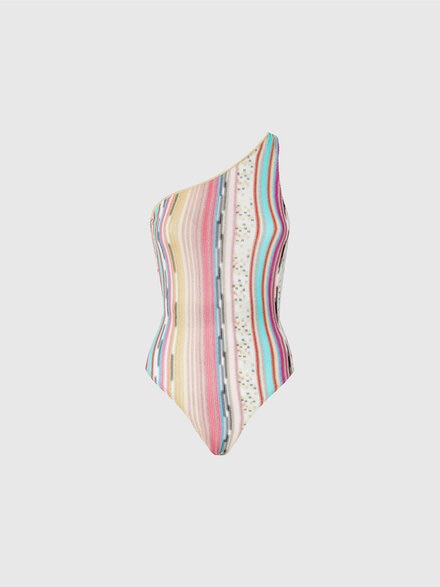 One-shoulder one-piece swimsuit in lamé slub viscose, Multicoloured  - MC25SP00BR00ZZSM9L1