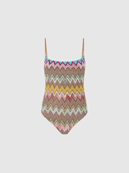 One-piece swimsuit in lam&eacute; viscose with macro zigzag pattern, Black & Multicoloured - MC25SP01BR014KSM9YK