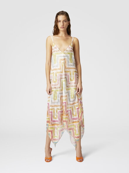 Long cover-up dress in printed tulle with scarf bottom, Multicoloured  - MC25SQ01BR010XSM9N4