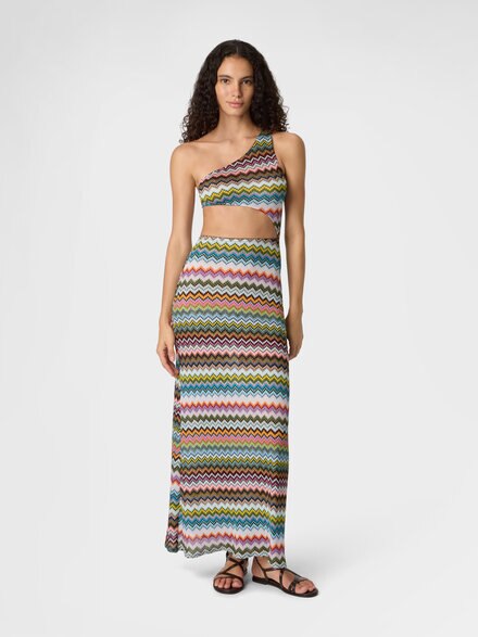 One-shoulder cover-up in lamé viscose with pixel-effect zigzag pattern, Black & Multicoloured - MC25SQ0CBR014FSM9YJ
