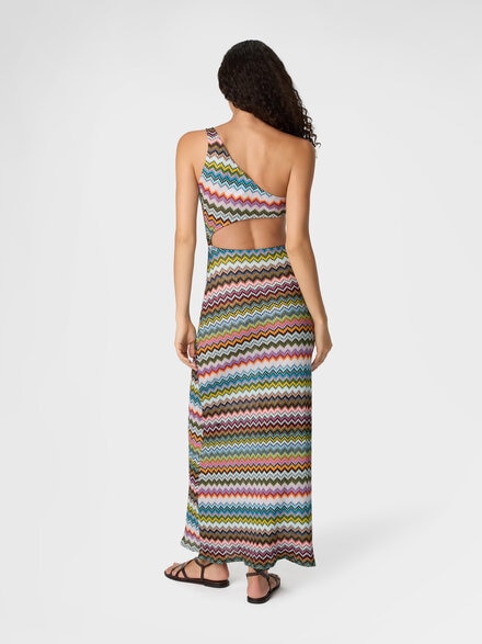 One-shoulder cover-up in lamé viscose with pixel-effect zigzag pattern, Black & Multicoloured - MC25SQ0CBR014FSM9YJ