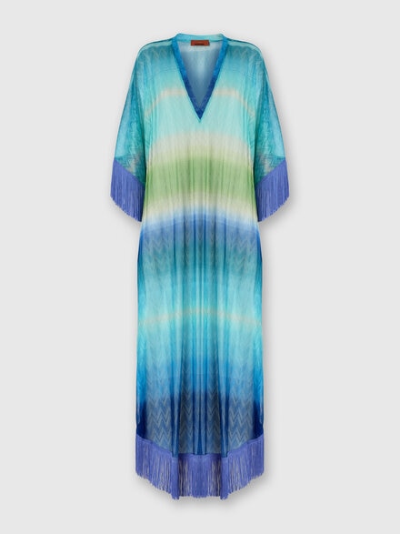 Long Cover-Up with Fringes and Faded Stripes, Blue & Green - MC25WQ02BR013XS72NQ