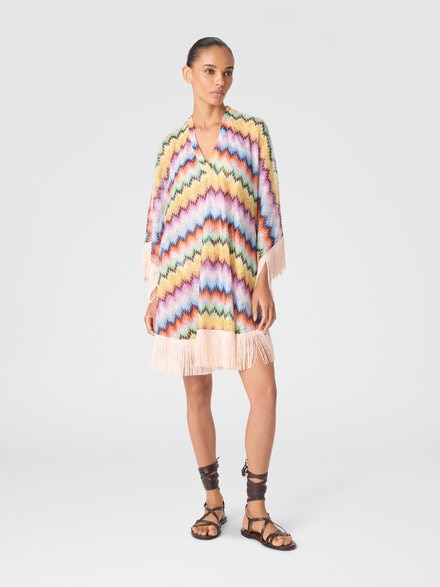 Short caftan with fringes and gradient stripe print, Multicoloured  - MC25WQ04BR013XSM9UC