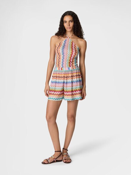 Short jumpsuit in lamé viscose with pixel-effect zigzag pattern, Multicoloured  - MC26SG02BR014FSM9WV