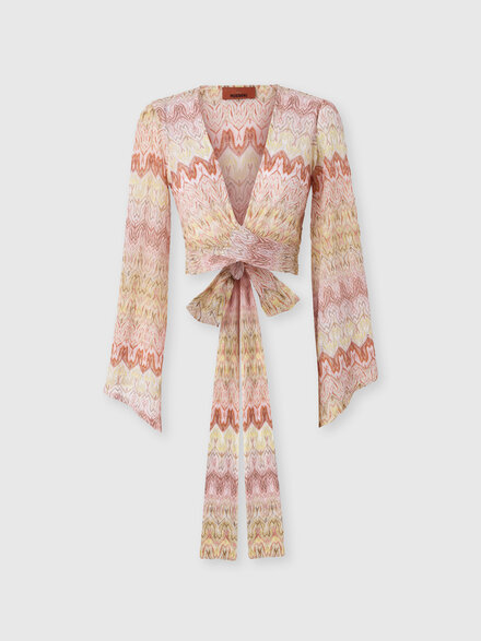 Wrap top in viscose lam&eacute; with lace motif, Pink & Gold - MC26SK01BR015FS2099