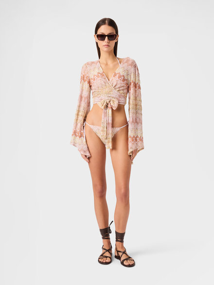 Wrap top in viscose lam&eacute; with lace motif, Pink & Gold - MC26SK01BR015FS2099