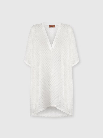 Short caftan cover-up in lamé viscose with raschel workmanship, White  - MC26SQ00BR014RS01JW