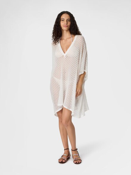 Short caftan cover-up in lamé viscose with raschel workmanship, White  - MC26SQ00BR014RS01JW