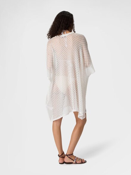 Short caftan cover-up in lamé viscose with raschel workmanship, White  - MC26SQ00BR014RS01JW