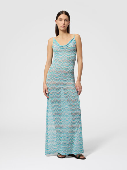 Vestido largo de playa en viscosa lam&eacute; degradada, Blanco & Azul Claro - MC26SQ02BR014HS72PQ