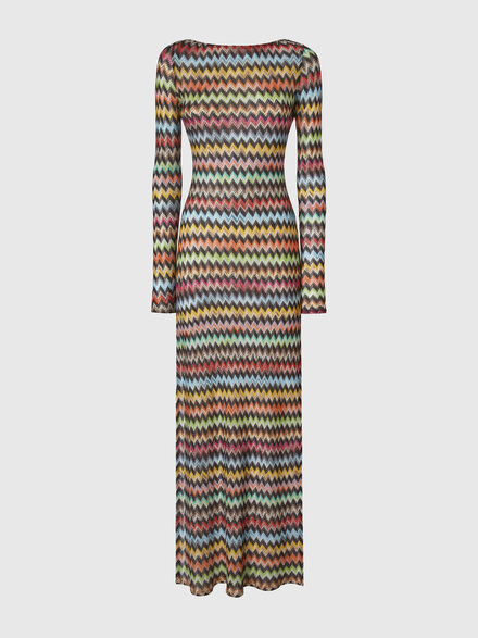 Long cover-up dress in lam&eacute; viscose with micro zigzag pattern, Black & Multicoloured - MC26SQ03BR014JSM9YL