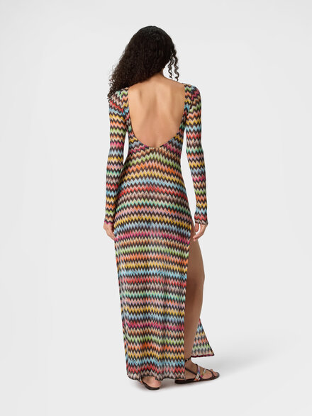 Long cover-up dress in lam&eacute; viscose with micro zigzag pattern, Black & Multicoloured - MC26SQ03BR014JSM9YL