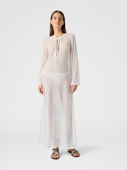 Long cover-up dress in lamé viscose with raschel workmanship, White  - MC26SQ04BR014RS01JW