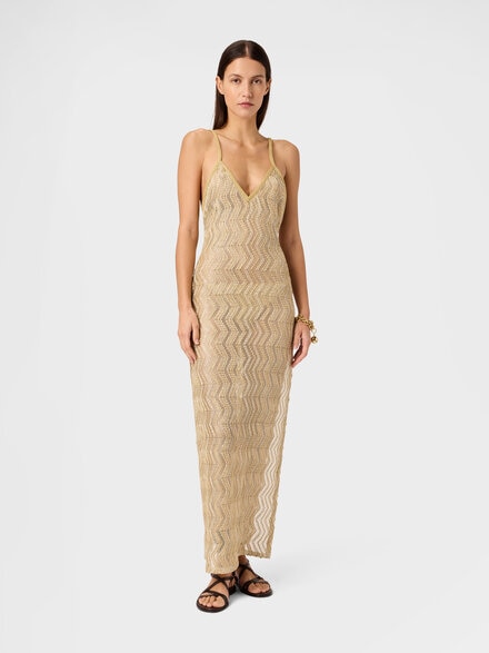 Long mesh cover-up with zigzag pattern and sequins, Gold - MC26SQ05BV00ITS10C4