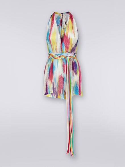 Short cover up jumpsuit with ribbon belt, Multicoloured  - MS23SG08BR00JOSM8NR