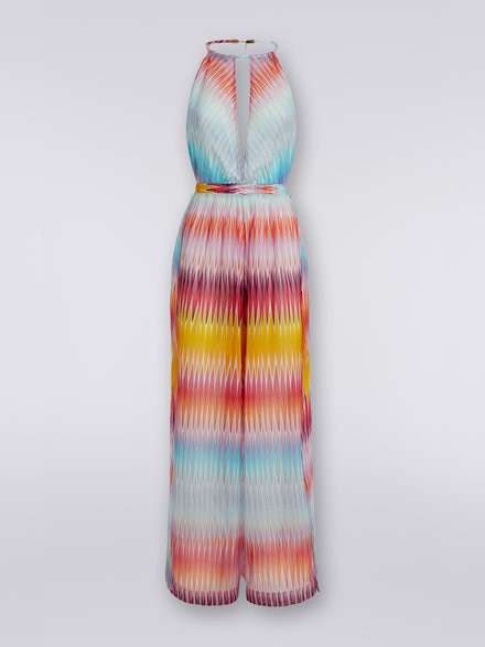 Long multicoloured printed cotton and silk jumpsuit, Multicoloured - MS23SG0HBW00NMSM8V9