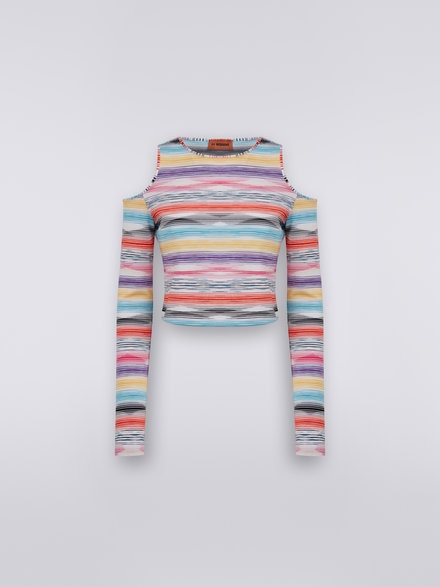 Langärmeliges T-Shirt aus gestreifter Baumwolle und Viskose, Mehrfarbig  - MS23SL00BT004KSM8N3