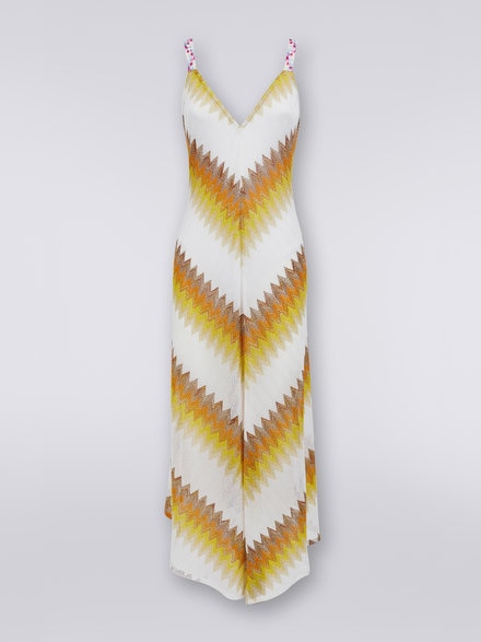 Long cover up with braided ribbon straps, White, Yellow & Ochre - MS23SQ0CBR00JJS109L