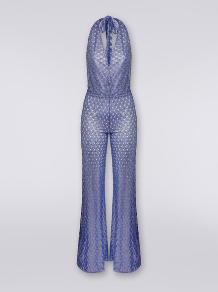 Lace-effect jumpsuit with V neckline , Blue - MS24SG07BR00TC94045