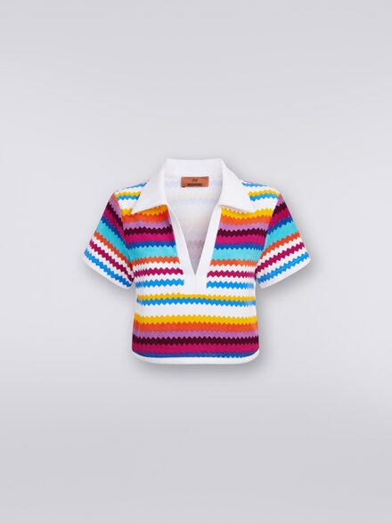 Zigzag terry polo shirt crop top, Multicoloured  - MS24SK0DBJ00J8SM99F