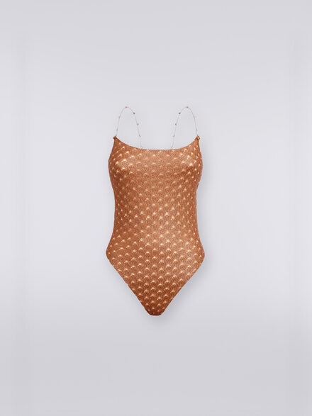 Lace-effect one-piece swimming costume with chain and gem straps, Brown Lamé - MS24SP0ABR00TC71052