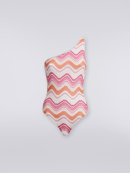 One-Shoulder-Badeanzug in Chevron-Häkelverarbeitung mit Lurex, Rosa   - MS24SP0YBR00XKS30DC