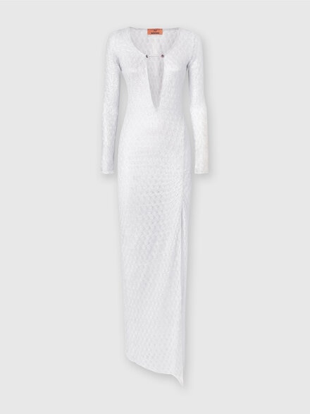 Langes Kleid in Spitzenoptik mit V-Ausschnitt und Applikationen, Weiß  - MS24SQ01BR00TC14001