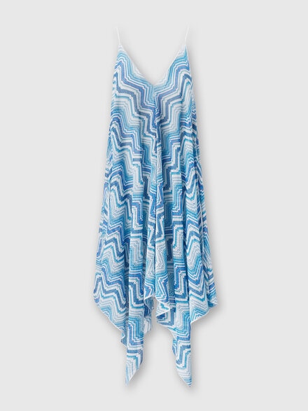 Long cover-up with neck scarf cut in chevron crochet lamé, Blue - MS24SQ0DBR00XKS72G5