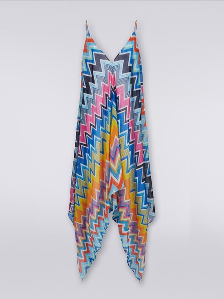 Long cover-up with neck scarf cut in printed cotton and silk, Multicoloured  - MS24SQ0DBW00TFSM9D7