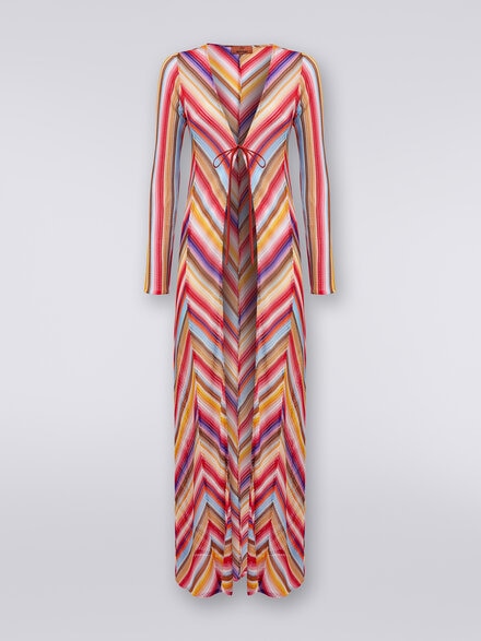 Long cover up cardigan in striped crochet, Multicoloured  - MS24SQ0WBR00UWS4158