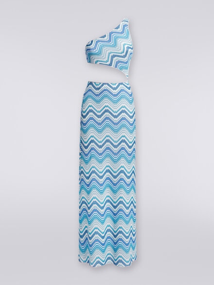 Long chevron crochet cover-up with cut-out and lurex, Blue - MS24SQ1TBR00XKS72G5