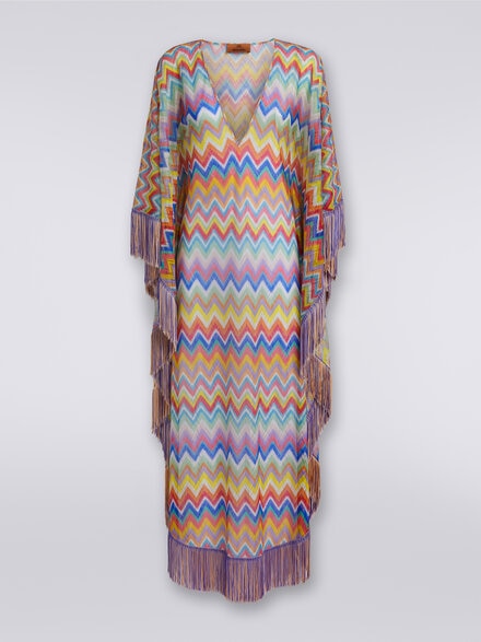 Long cover-up kaftan with zigzag print and fringes, Multicoloured  - MS24SQ2BBR00XPSM9DM
