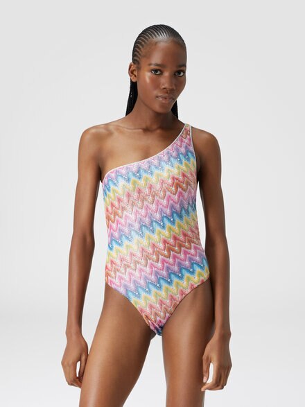One-shoulder swimsuit in coated lace, Multicoloured  - MS24WP00BR00Z2SM9HB