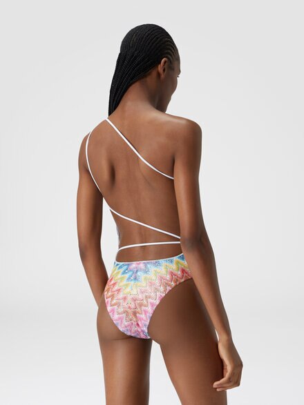 One-shoulder swimsuit in coated lace, Multicoloured  - MS24WP00BR00Z2SM9HB
