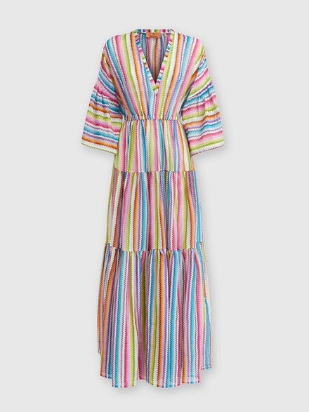 Long cover-up dress with flounces and zig zag print, Multicoloured  - MS24WQ06BW00U3SM9HA