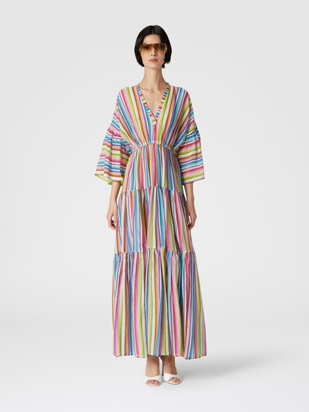 Long cover-up dress with flounces and zig zag print, Multicoloured  - MS24WQ06BW00U3SM9HA