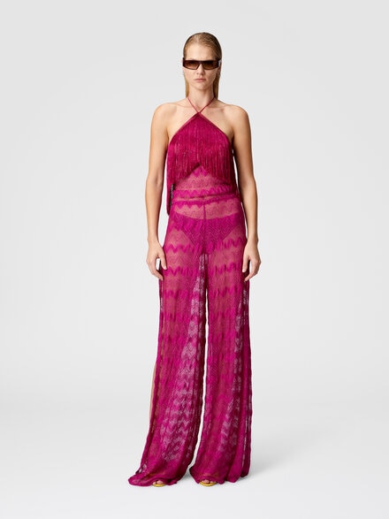 Zig zag lamé viscose jumpsuit with fringes, Purple  - MS25SG00BR00ZXS5074