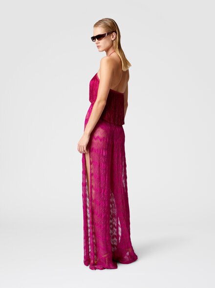 Zig zag lamé viscose jumpsuit with fringes, Purple  - MS25SG00BR00ZXS5074