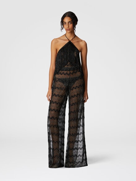 Zig zag lamé viscose jumpsuit with fringes, Black & Lamé - MS25SG00BR00ZXS91N1