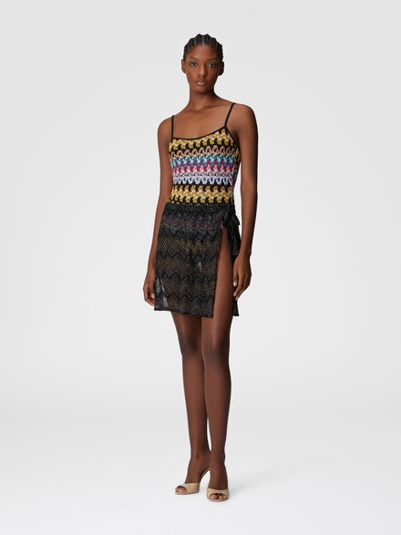 Wrap cover-up miniskirt in zig zag lamé viscose, Black & Lamé - MS25SH03BR00ZXS91N1