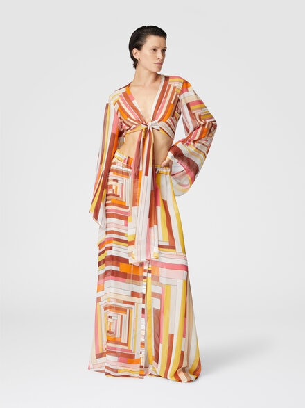 Long covered up skirt in printed silk with front closure, Multicoloured  - MS25SH05BW00USS80CW