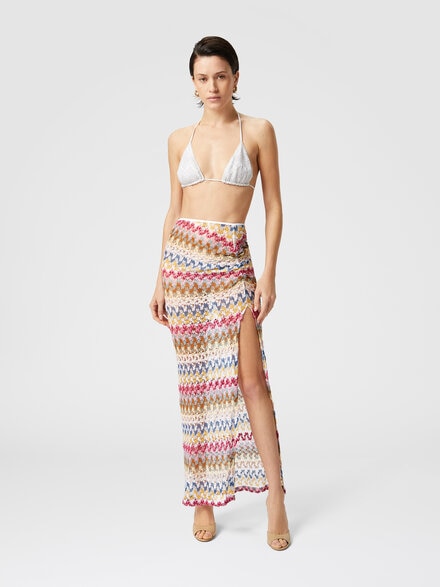 Long skirt in lamé viscose lace with gathers, Multicoloured  - MS25SH0BBR0000S01FQ