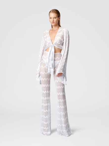 Crop top with wide sleeves and front knot in zig zag lamé viscose, Silver - MS25SK04BR00ZXS01FJ
