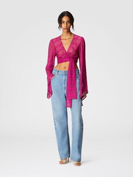 Crop top with wide sleeves and front knot in zig zag lamé viscose, Purple  - MS25SK04BR00ZXS5074